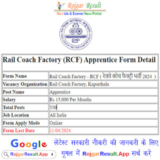 Rail Coach Factory Form 2024 (550 पदों पर रेलवे में भर्ती)