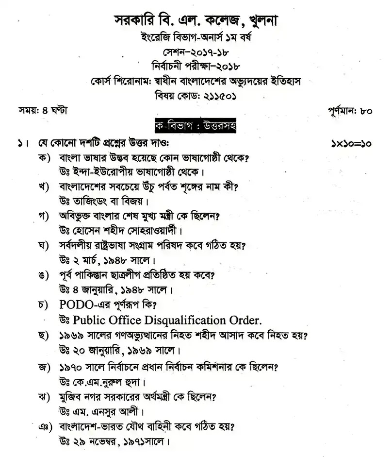 ইংলিশ অনার্স ১ম বর্ষ - স্বাধীন বাংলাদেশের অভ্যুদয়ের ইতিহাস - নির্বাচনী পরীক্ষা - সরকারি বিএল কলেজ, খুলনা 