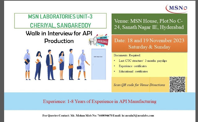 MSN Laboratories Walk in Interview For API Production
