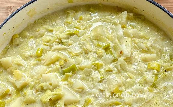 Leek potato and onion soup before blending