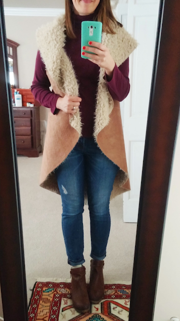 faux fur vest outfit, plum turtleneck, wine and camel outfit, Lucky brand basel booties, via appia clothing