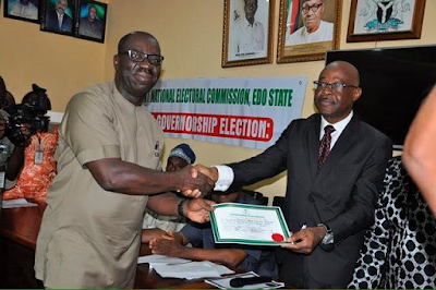 Photos: INEC presents Certificates of Return to Edo State Governor-elect, Godwin Obaseki and Deputy 