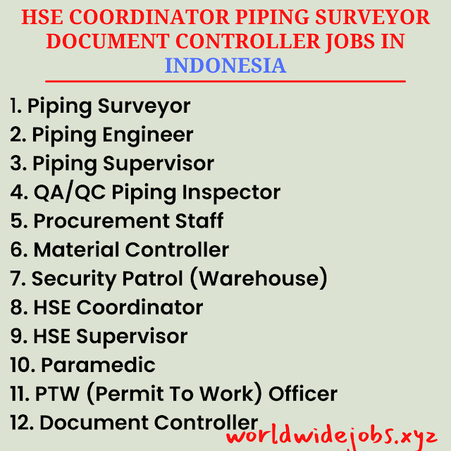 HSE COORDINATOR PIPING SURVEYOR DOCUMENT CONTROLLER JOBS IN INDONESIA