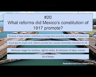 What reforms did Mexico’s constitution of 1917 promote? Answer choices include: Breakup of large estates, restrictions on foreign land ownership & govt control of resources, Equal pay for equal work, state to provide free, secular elementary education for all, Minimum wage for workers, right to strike, & institution of labor unions, All of these