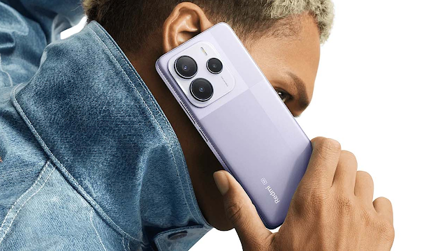 The Redmi Note 14 5G in Lavender Purple colorway.