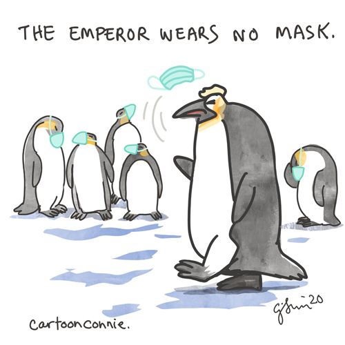 emperor penguin illustration, sketchbook, drawing, pandemic, wear a mask, editorial cartoon by connie sun, cartoonconnie