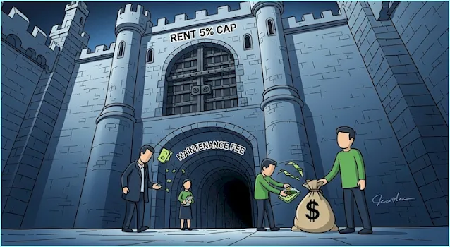 견고하게 닫힌 5% 인상 제한의 월세 문과 달리, 활짝 열린 관리비 통로를 통해 임대인이 임차인의 돈을 빼내는 아이소메트릭 일러스트레이션