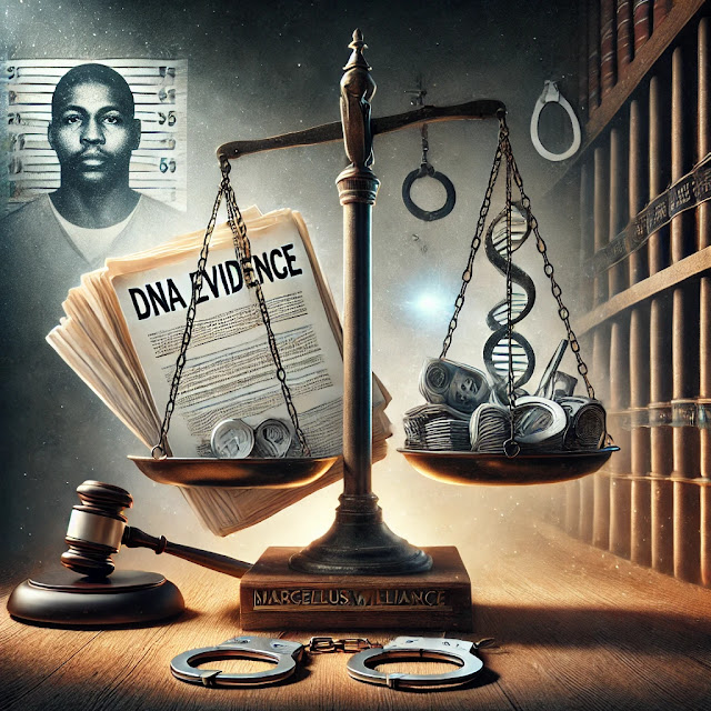 "An impactful image symbolizing the Marcellus Williams case, featuring a pair of justice scales. One side holds documents labeled 'DNA Evidence,' while the other side has a gavel and judge's robe, representing the legal battle. In the background, there’s a faint image of a prison cell and handcuffs, highlighting themes of wrongful conviction and the death penalty. A light shines on the 'DNA Evidence' side, symbolizing the quest for truth and justice."