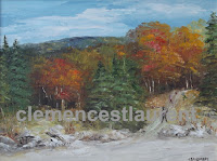 Fall outing, 9 x 12 oil painting by Clemence St. Laurent - children playing ball in a trail by the woods