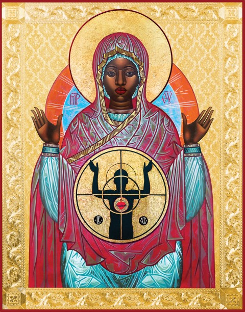 Classical iconographic style icon shows a Black woman as Our Lady of Ferguson, wearing blue with a red robe over, hands held up as if stopped by police. In front of her is a gold circle with gun sights and a black figure holding hands up, though almost in a prayer or worship position. A red beating heart and small letters complete this circle. The background of the overall image is ornate gold with a thin red boundary. Above her left hand, is a parchment saying "We are all in this together".