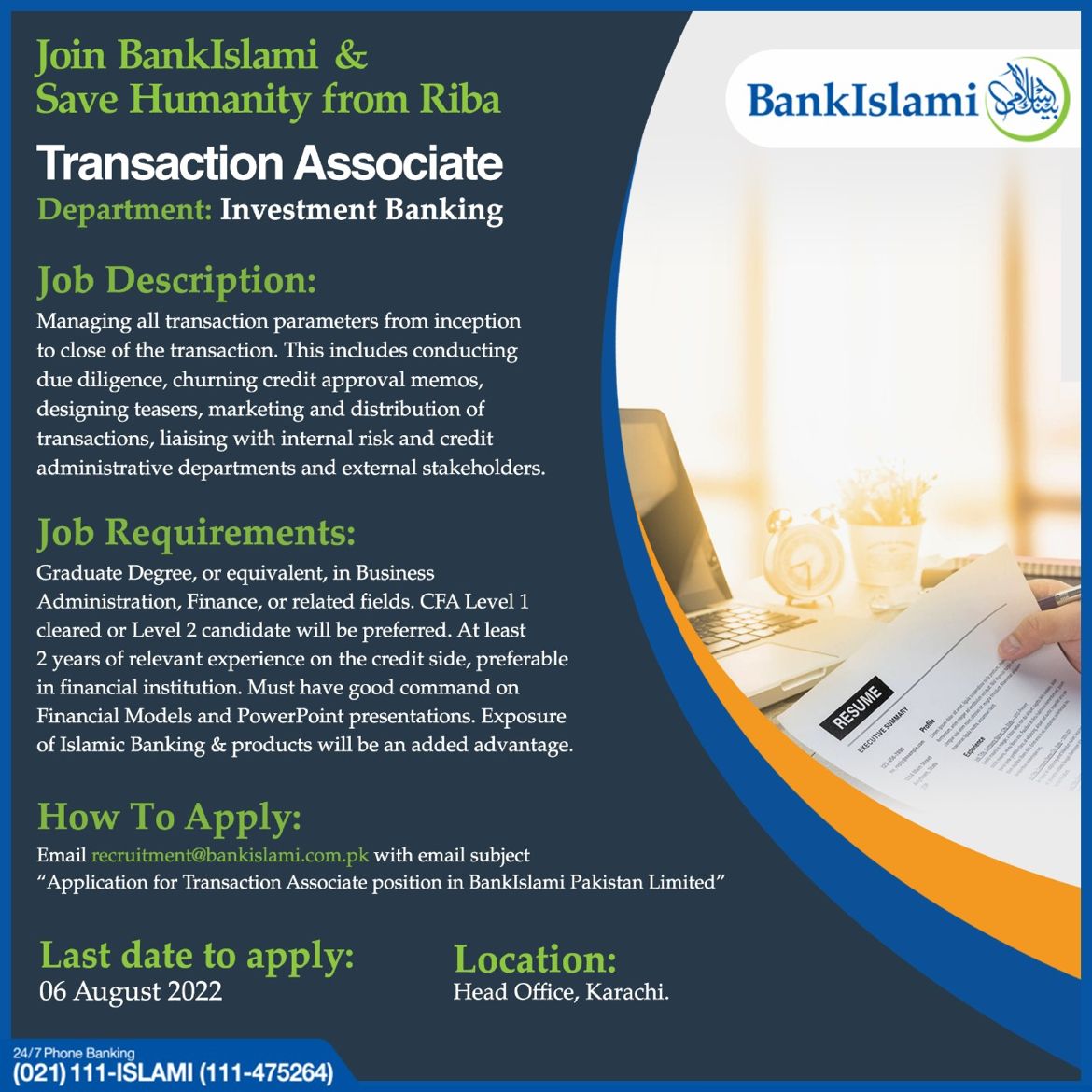 Bank Islami Pakistan Jobs for Transaction Associate - Investment Banking
