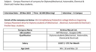 Krishna Maruti Ltd: Diploma Jobs Campus Placement Drive at Shri Girraj Maharaj Polytechnic College, Mathura, Uttar Pradesh