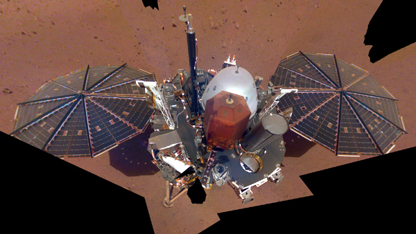 A composite image of the InSight lander that was taken with a camera on its robotic arm after the spacecraft touched down on Mars in late November of 2018.