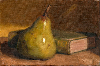 Oil painting of a green pear beside a green linen-bound book.