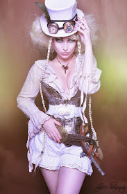 steampunk woman in white with top hat, goggles, shorts, gun
