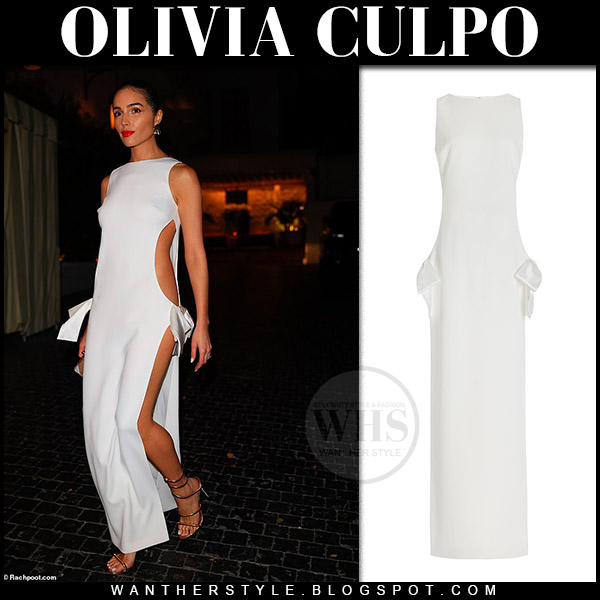 Olivia Culpo in white cutout maxi dress and gold sandals