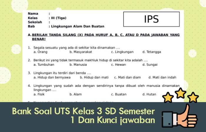 Bank Soal UTS Kelas 3 SD Semester 1 Dan Kunci Jawaban