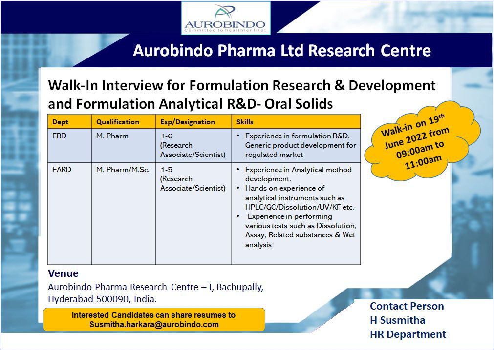 Job Available's for Aurobindo Pharma Ltd Walk-In Interview for M Pharma/ MSc