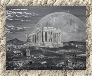  Parthenon, Acropolis Athens - Original (Handmade) Acrylic Painting in Black and White. Greek Ancient Monument Painting, by the Artist Yannis Koutras 
