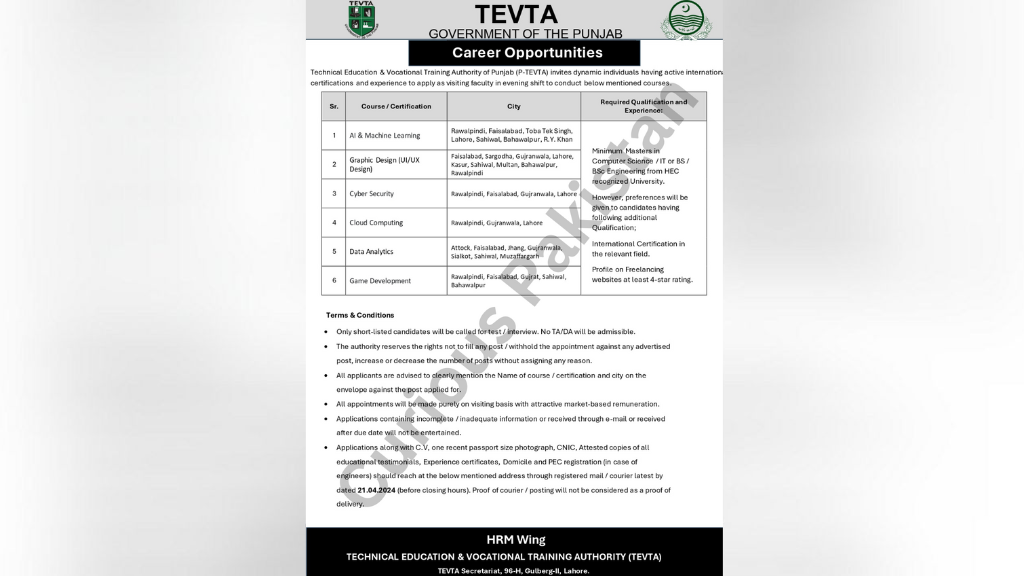 TEVTA Punjab Announces New Teaching Positions Jobs Or Career Opportunities In Pakistan 2024 by Curious Pakistan