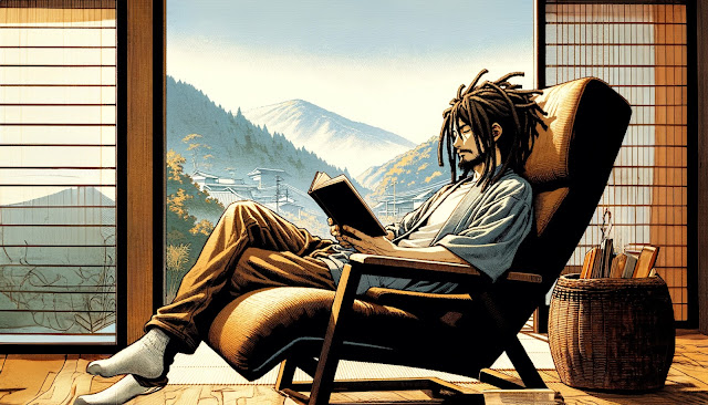 A landscape illustration of a Japanese man with dreadlocks, dressed in casual clothes, reading a book in a reclining chair. The scene conveys a relaxed and peaceful atmosphere, with the man deeply engrossed in his book, possibly in a cozy room or a quiet outdoor setting. The focus is on capturing the serene moment of reading, highlighting the man's engagement with the book and the comfortable posture in the reclining chair.