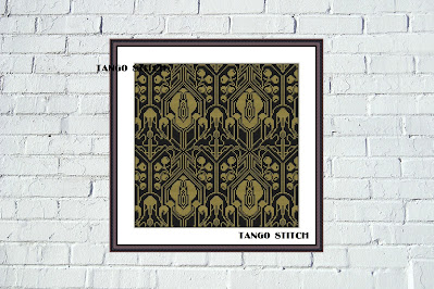 Art Nouveau golden cross stitch ornament hand embroidery pattern - Tango Stitch