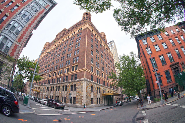 Wide angle photo looking at corner of building