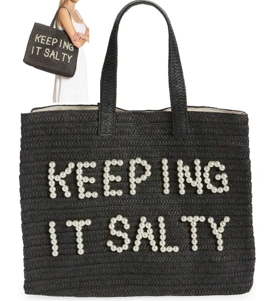 Black Woven Summer Tote Beach Salty Saying Pearl Embroidered