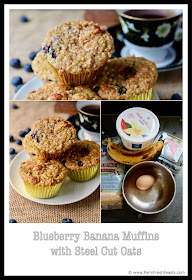 Bananas and blueberries are the sweet fruit and steel cut oats are the hearty grains that are packed into a healthy breakfast treat to power you thru until lunchtime. These muffins contain whole fat dairy instead of oil.