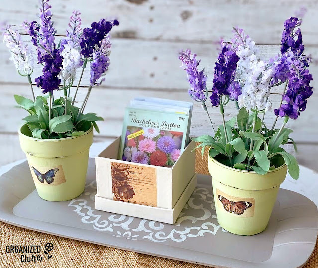 Photo of Dollar Tree Terracotta pots upcycled with paint & rub on transfers.