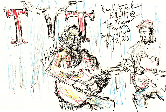 Messy line art drawing of two men playing guitars - one center of the frame, the other off to the right. There are two red Ts and the skull of a bull's head behind the main figure. Written in a sloppy hand is "Ramblin' Jack Elliott @ The Tractor Tavern Ballard WA 3.12.23"