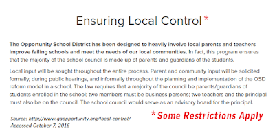 Misleading languauge contending that the Opportunity School District provides for influence through local school councils