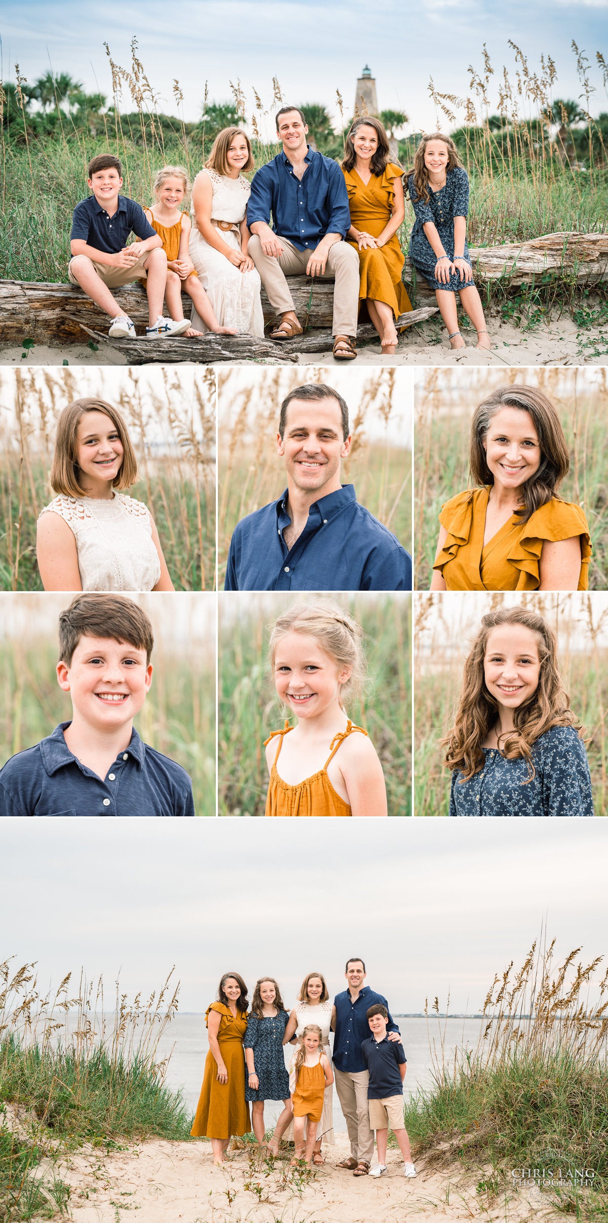 photo collage of family on the beach at bald head island - family photography - bhi photographers - old baldy lighthouse -  beach photo  - family photo session - chris lang photography