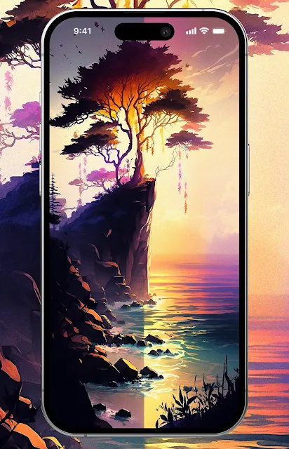 Beautiful nature sunset illustration by MidJourney AI, wallpaper for ios and android phones