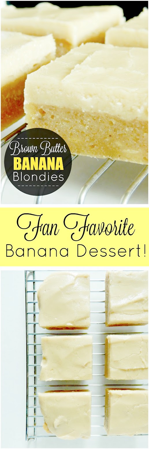 Collage of banana blondies on cooling rack cut into bars.