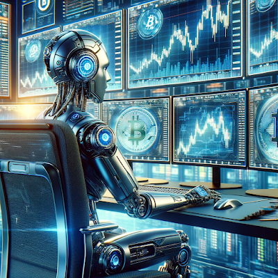 A futuristic digital illustration of a robot trader specialized in cryptocurrency trading. The robot should be depicted in front of multiple computer.