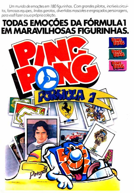 Álbum de Figurinhas do chiclete Ping Pong com pilotos da Fórmula 1, diretamente de 1982.