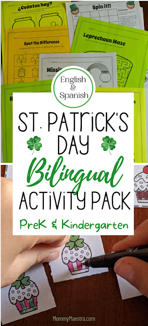 Printable St. Patrick's Day Bilingual Activity Pack for preschool and kindergarten students.