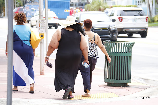 3 mulheres obesas passaeando na rua.