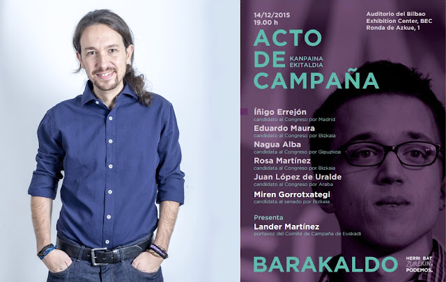 Pablo Iglesias y el cartel del mitin en Barakaldo