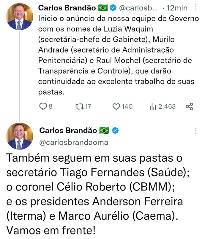 Governador Carlos Brandão anuncia primeiros secretários para composição do Governo