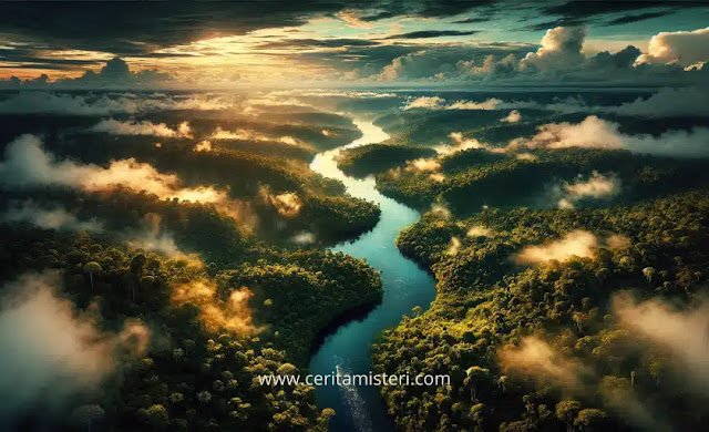 A breathtaking aerial view of the Amazon River, surrounded by dense tropical rainforest.