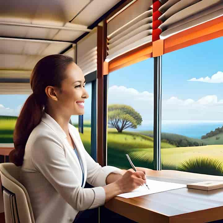 [Imagem: Mulher segurando um lápis e olhando para o horizonte, com expressão de determinação]