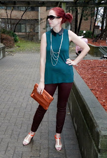 Smart Set Outfit #1: Emerald Green Sparkle collar top, burgundy pants, and silver long necklace, H&M sunglasses, orange shoppers drugmart clutch, fashion, style, orange Jessica heel shoes from Sears Canada