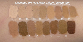 (M.U.F.E.) Makeup Forever Mat/Matte Velvet Foundation; Review & New Shades & Swatches; 15, 20, 25, 30, 35, 40, 45, 51, 53,  57,60, 67, 70, 75, 77, 80,