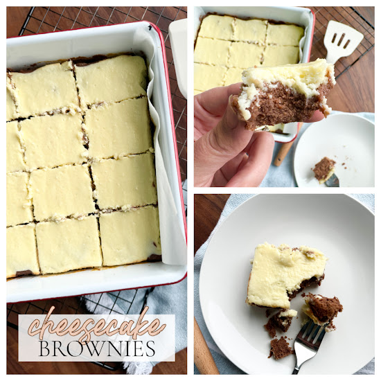Collage of cheesecake brownies in a pan, on a white dessert plate and a piece being held by a hand.