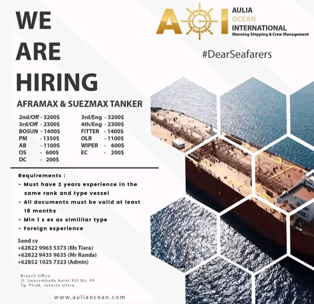 Info Loker Pelaut No Charge General Cargo, Aframax Bulan Maret