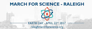 Raleigh March for Science logo with city skyline and atomic model with an acorn in center