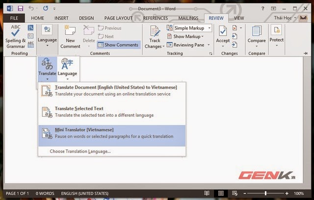 Hướng dẫn bật tính năng dịch nhanh văn bản trong Microsoft Word 2013