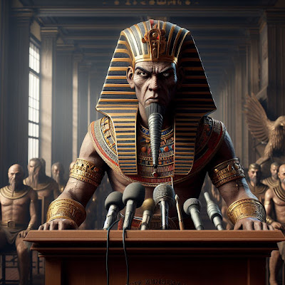 Pharaoh Ramses II, who is wearing a nemes headdress, stands behind a podium at a press conference, speaking into microphones, looking angry